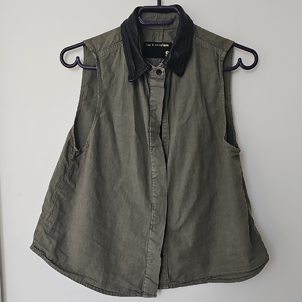Rag & Bone Olive Sleeveless Tunic with Real Black Leather Collar
